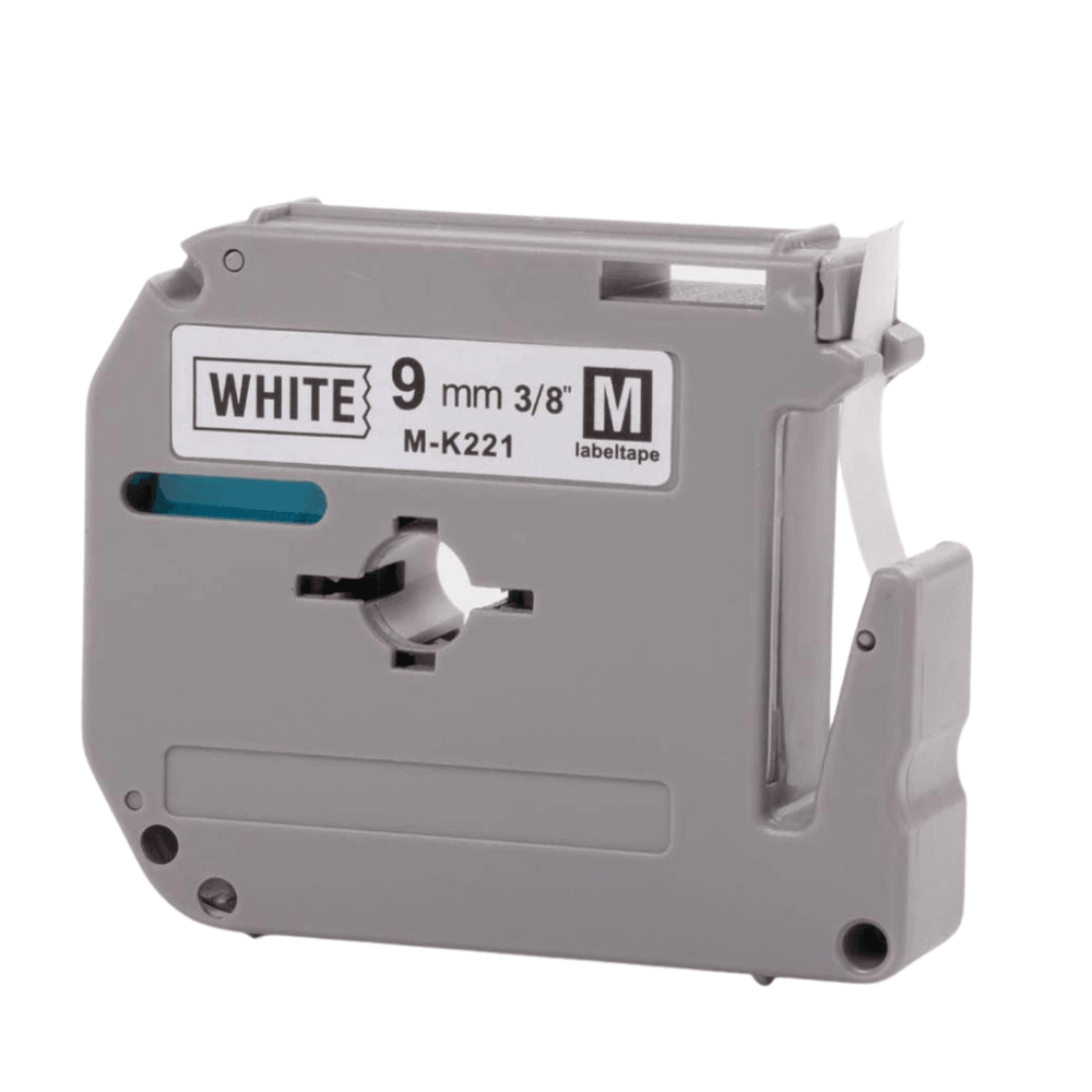MK221 Black on White Non-Laminated Tape for P-touch Label Makers, 9 mm wide x 8 m long - Prinko