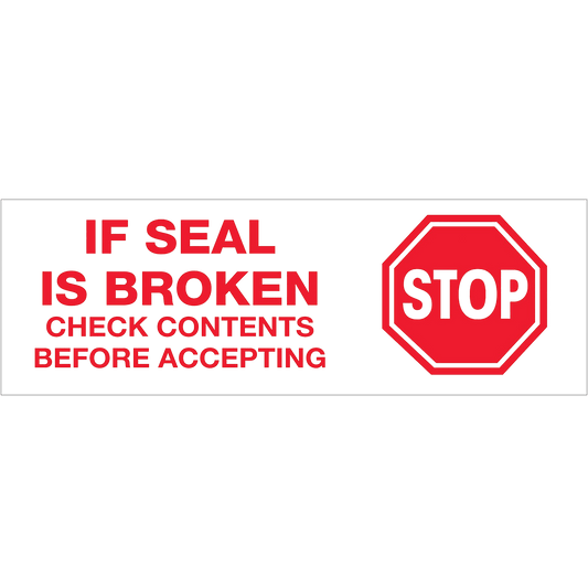 "STOP,IF SEAL IS BROKEN Check Contents Before Accepting" Printed Message Carton Box Shipping Sealing Tape - 2" x 110 yds - Prinko