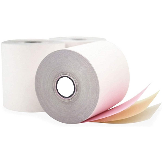 3" x 65' 3-Ply CARBONLESS BOND POS RECEIPT / Kitchen PAPER ROLLS White/Canary/Pink