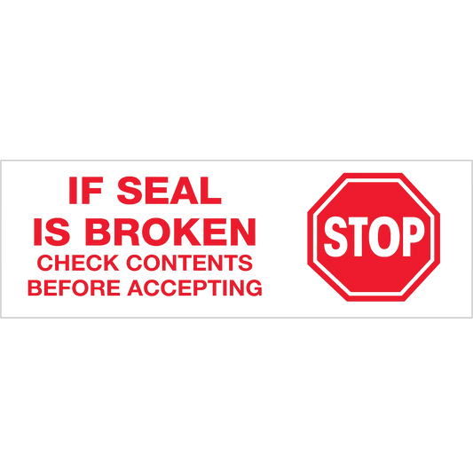 "STOP,IF SEAL IS BROKEN Check Contents Before Accepting" Printed Message Carton Box Shipping Sealing Tape - 2" x 110 yds - Prinko